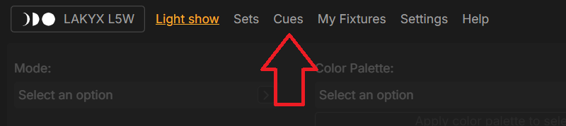 Light Show, Sets, Cues, My Fixtures, Settings menu