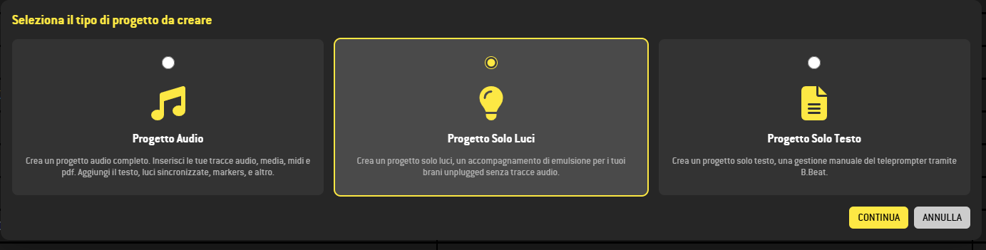 Project type selection screen